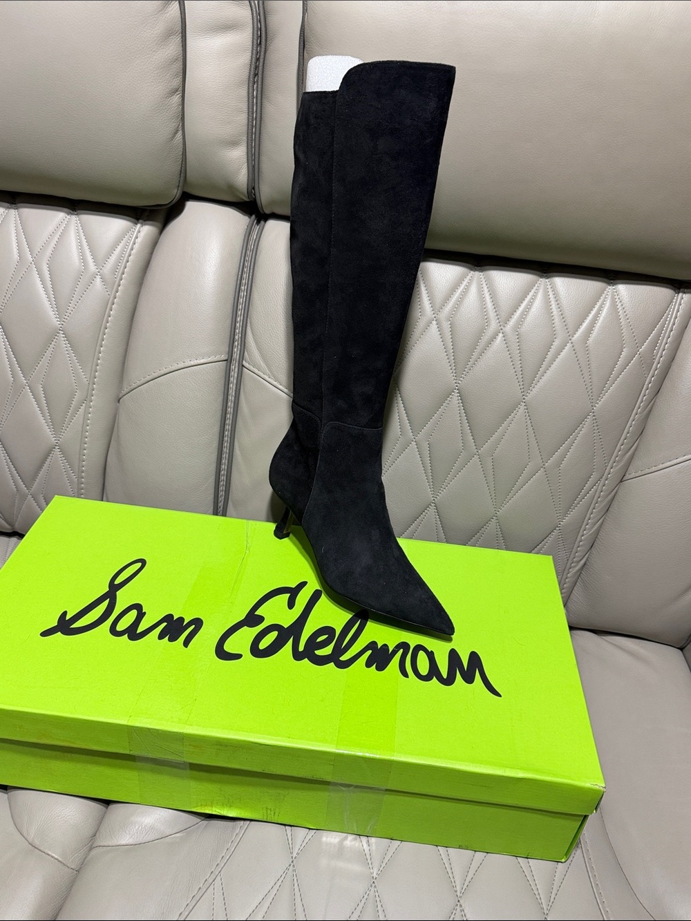 Sam Edelman Black Knee-High Pointed-Toe Kitten Heel Boots - Picture 3 of 10